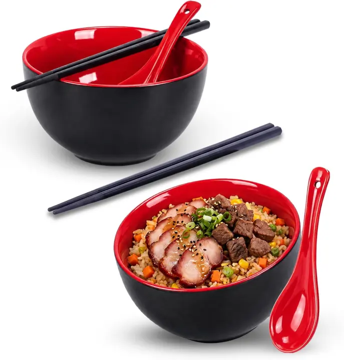 25 oz Rice Bowl Set for Two with Chopsticks & Spoons — 5.4"