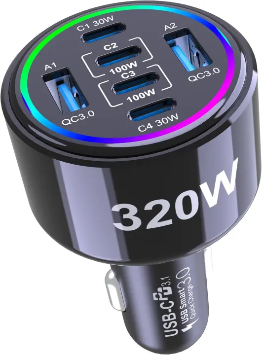 320W 6-Port USB-C Car Charger — High-Power Multi-Port Adapter