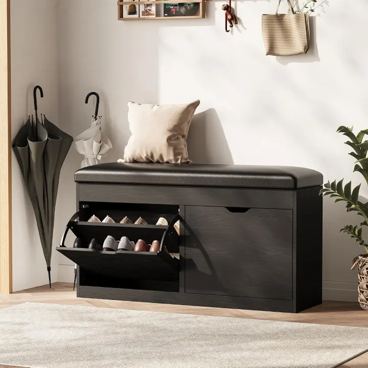 40" Shoe Storage Bench with Flip Drawers and Padded Seat