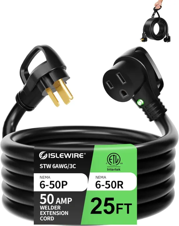 6 AWG 50A Welder Extension Cord — 25 ft NEMA 6-50 with LED Handle
