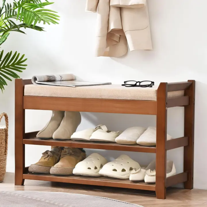 Bamboo Shoe Bench with Padded Seat — Entryway Shoe Rack