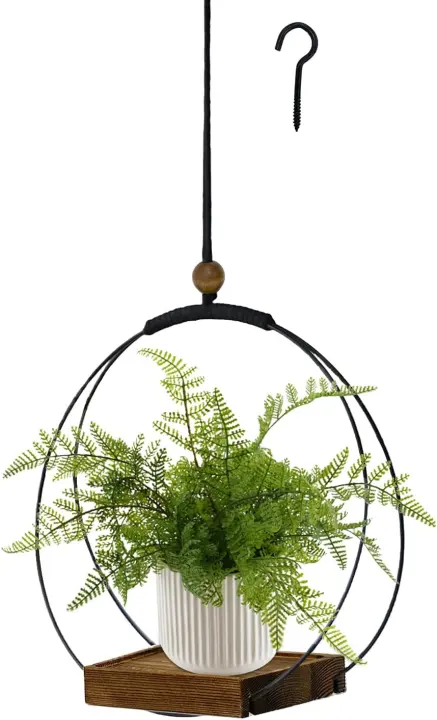 Black Indoor Hanging Planter with Sturdy Wood Base — Macrame Hanger