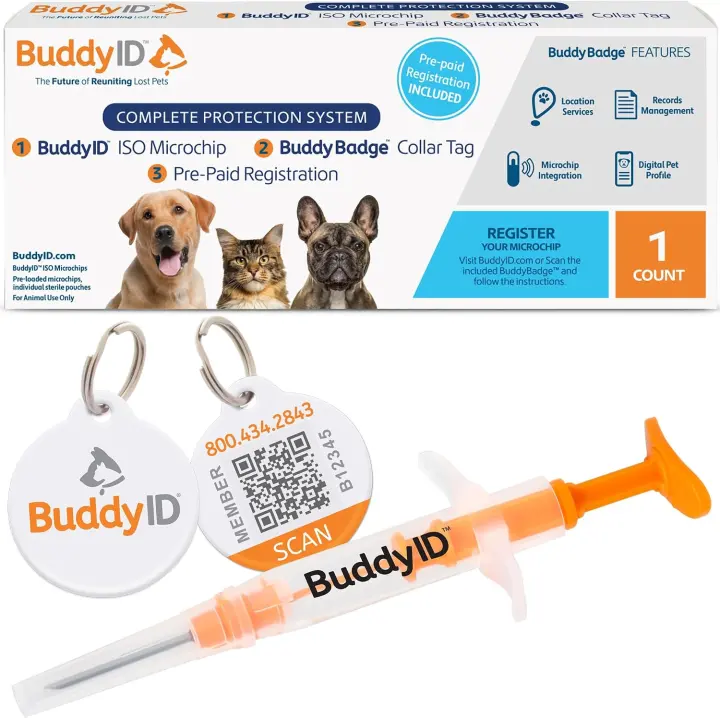 BuddyID Complete Pet ID System with ISO Microchip & QR Tag — 1ct