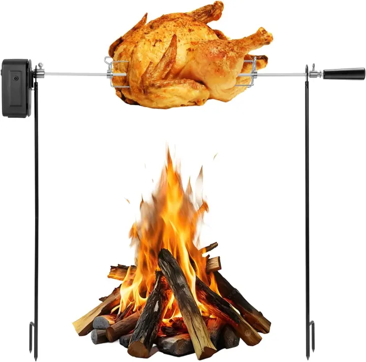 Electric Dual-Post Rotisserie Spit Kit for Campfire Cooking