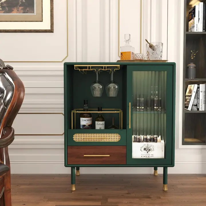 Modern Coffee Bar Cabinet with Pull-Out Wine Storage — Green Finish