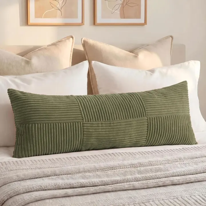 Olive Green Boho Corduroy Lumbar Pillow Cover — 14x36 Inch