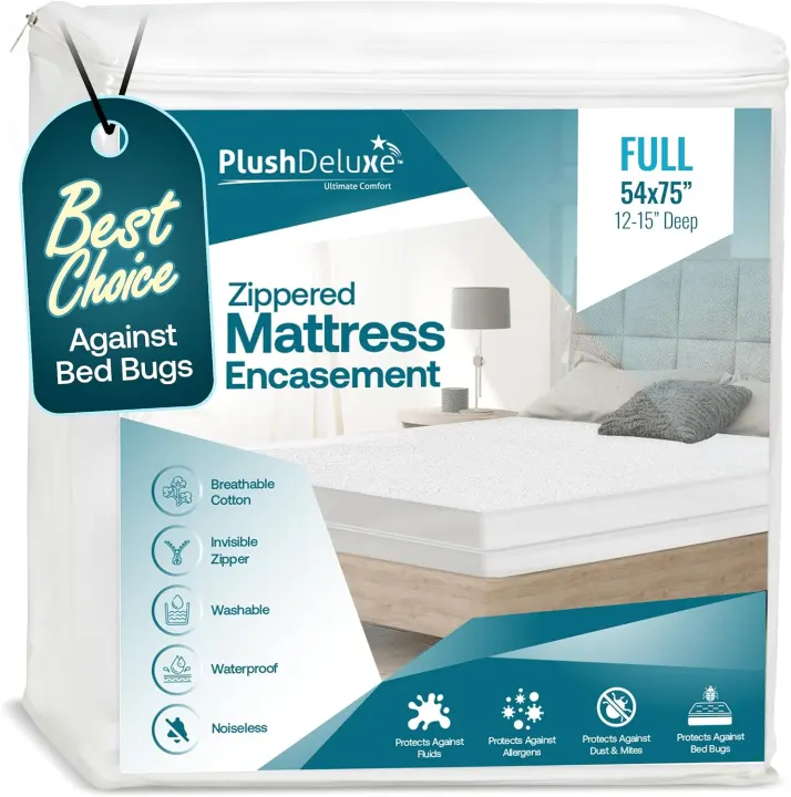 PlushDeluxe Full-Size Zippered Mattress Encasement — 6-Side Waterproof Protector