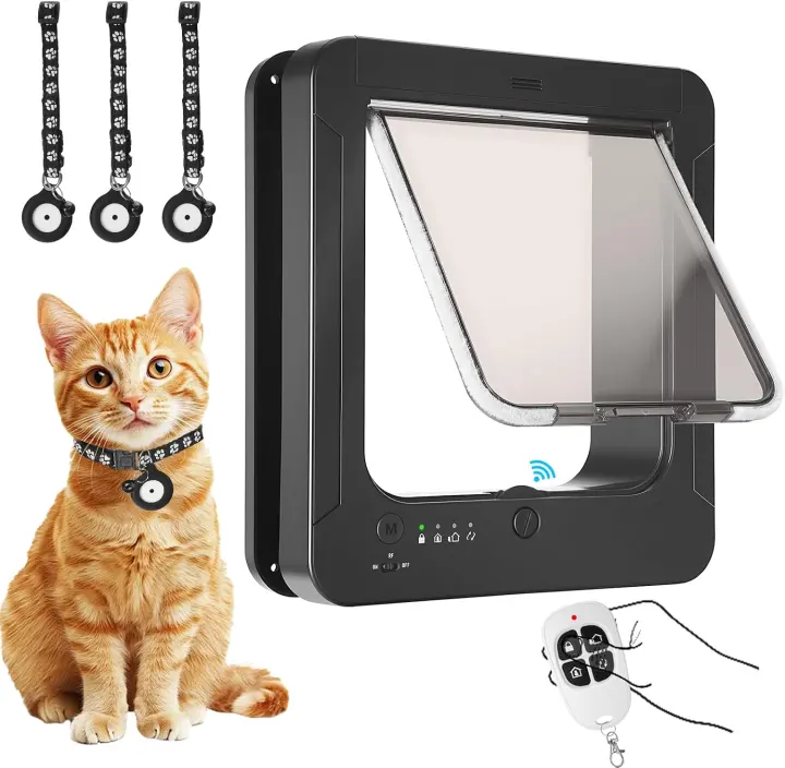 RFID Smart Cat Door with Collar Keys, Remote & 4‑Way Locking Flap