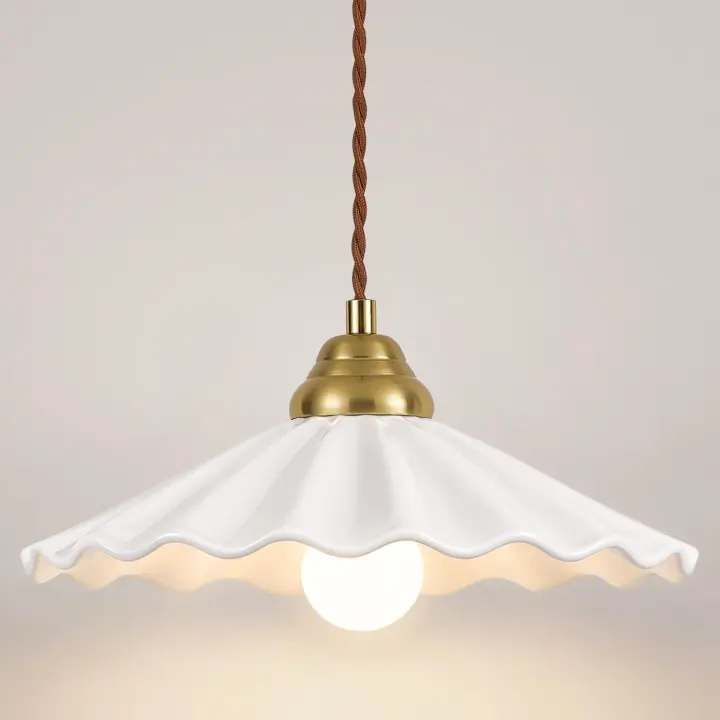 Scalloped White Ceramic Pendant Light — Vintage-Style Hanging Lamp