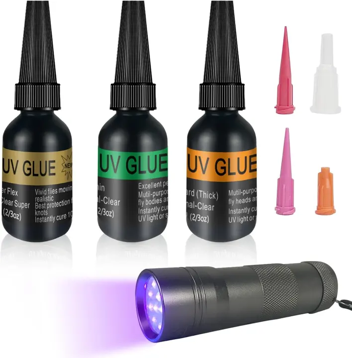 UV Clear Glue Kit for Fly Tying — Thick, Thin & Flexible with 12-LED Lamp