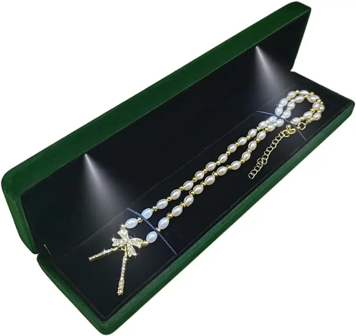Velvet LED Necklace & Bracelet Gift Box — Long Jewelry Display (Emerald)