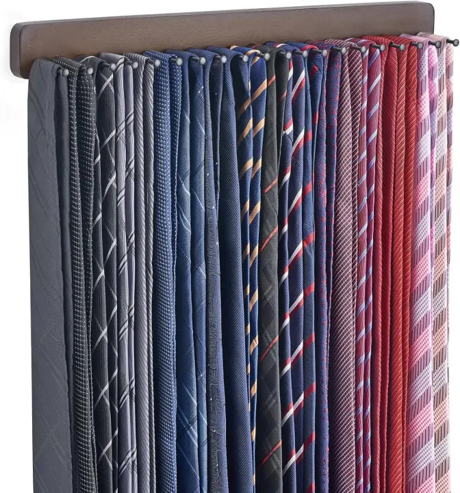 Wall-Mounted Tie Rack — 20-Hook Wooden Organizer
