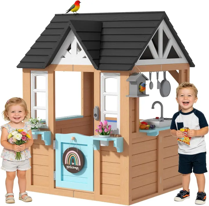 Wooden Outdoor Playhouse with Pretend Kitchen for Kids (Ages 3-8)