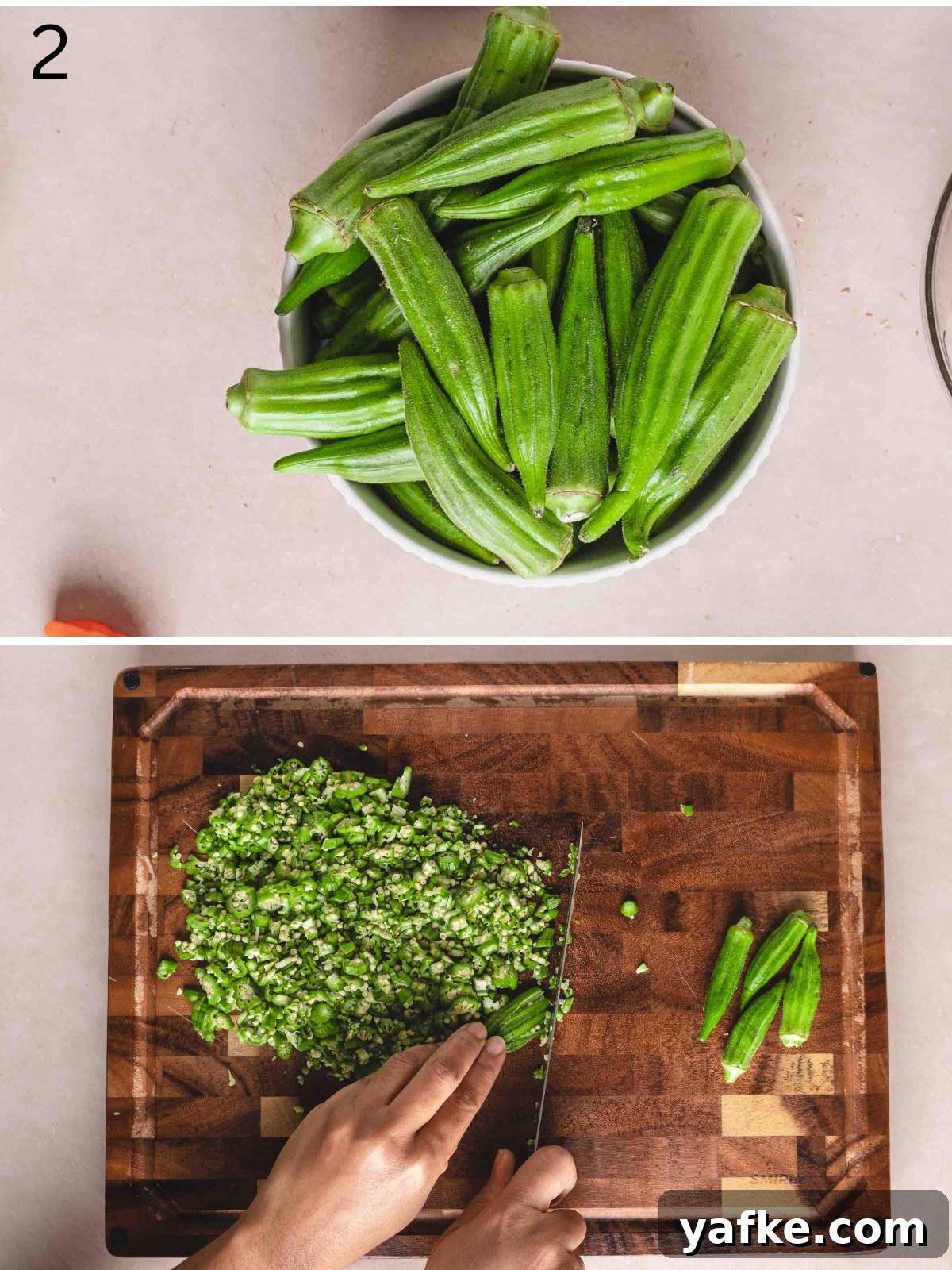 Finely chopped okra on a cutting board.