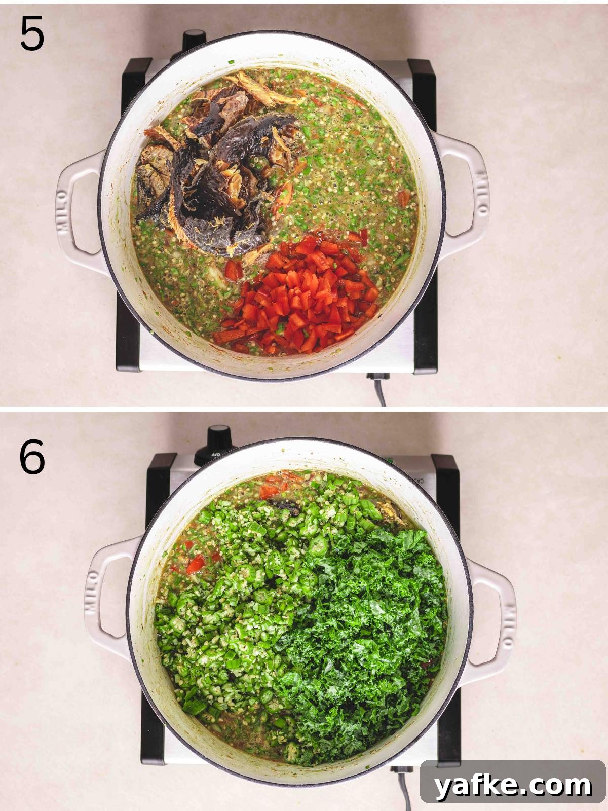 Dried cat fish and red bell pepper added to the pot of soup, together with kale and sliced okra.