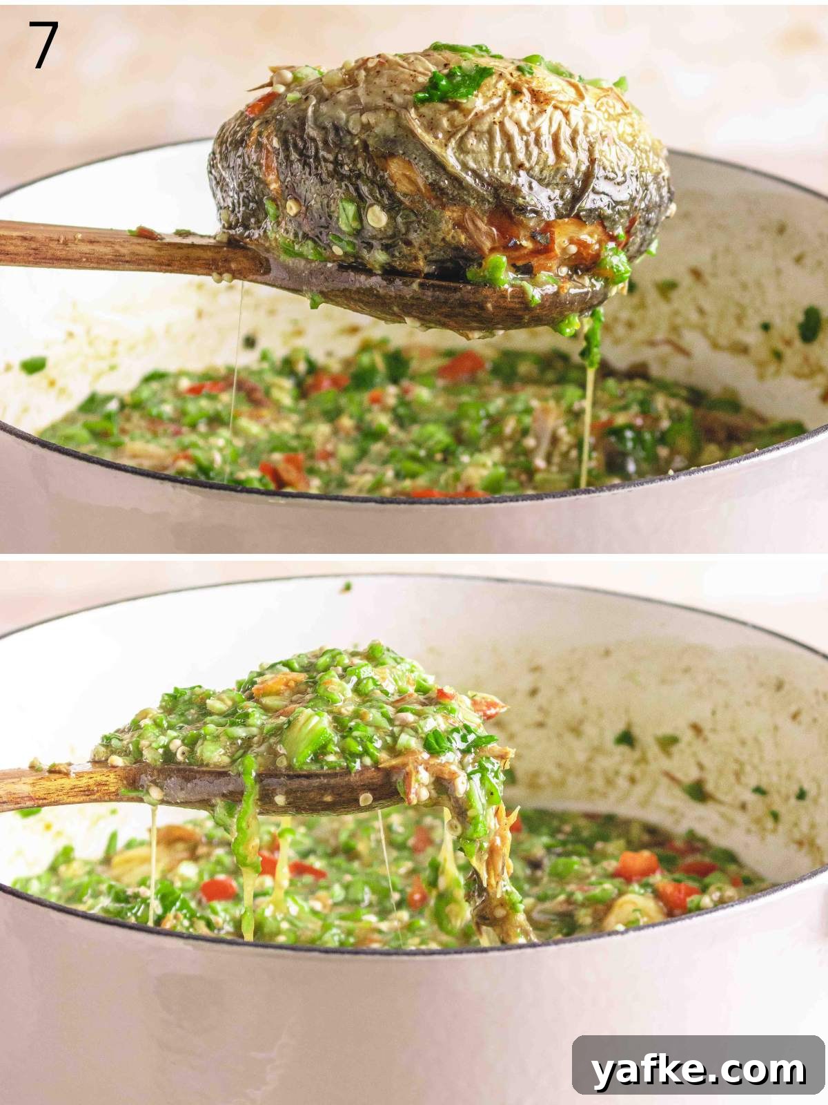 Adding smoked mackerel into the pot of cooked okra soup.