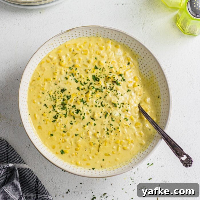 Slow Cooker Pork Chile Verde: Tender Pork in Tomatillo Sauce 14 Overhead view of creamed corn for the recipe card.