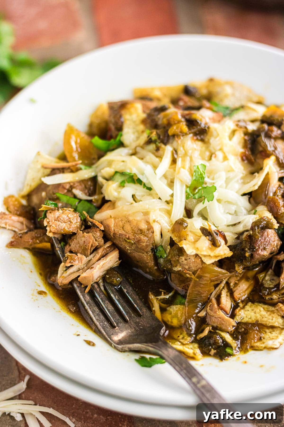 Slow Cooker Pork Chile Verde: Tender Pork in Tomatillo Sauce 9 A close-up photo of pork chile verde in a dinner bowl topped with shredded cheese and cilantro.