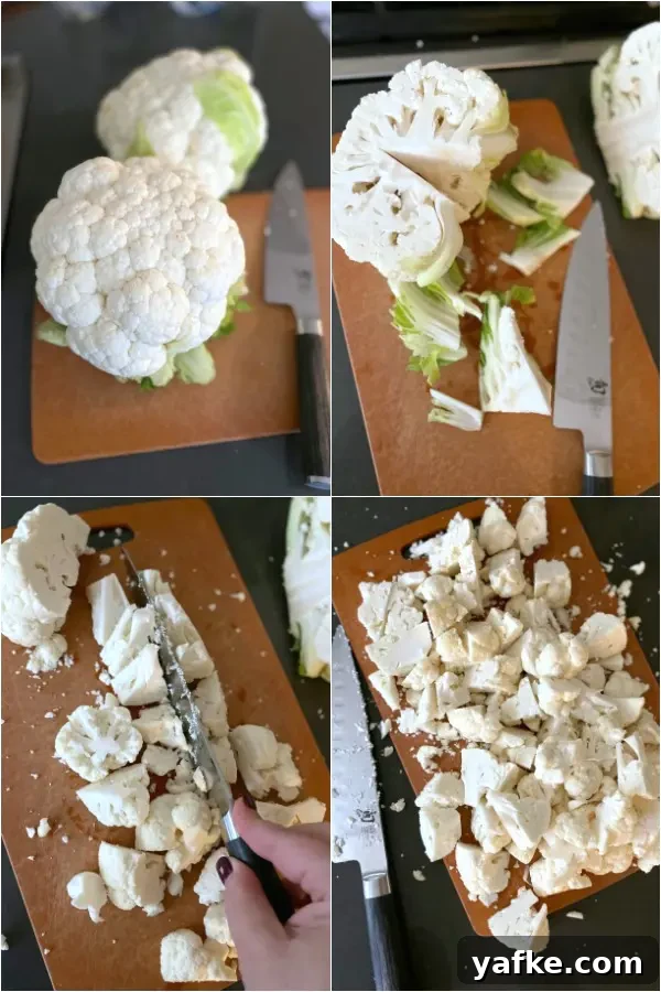 How To Make Mashed Cauliflower @spabettie #vegan #lowcarb #glutenfree #side four photo collage showing How To Make Mashed Cauliflower: chop cauliflower, steam cauliflower