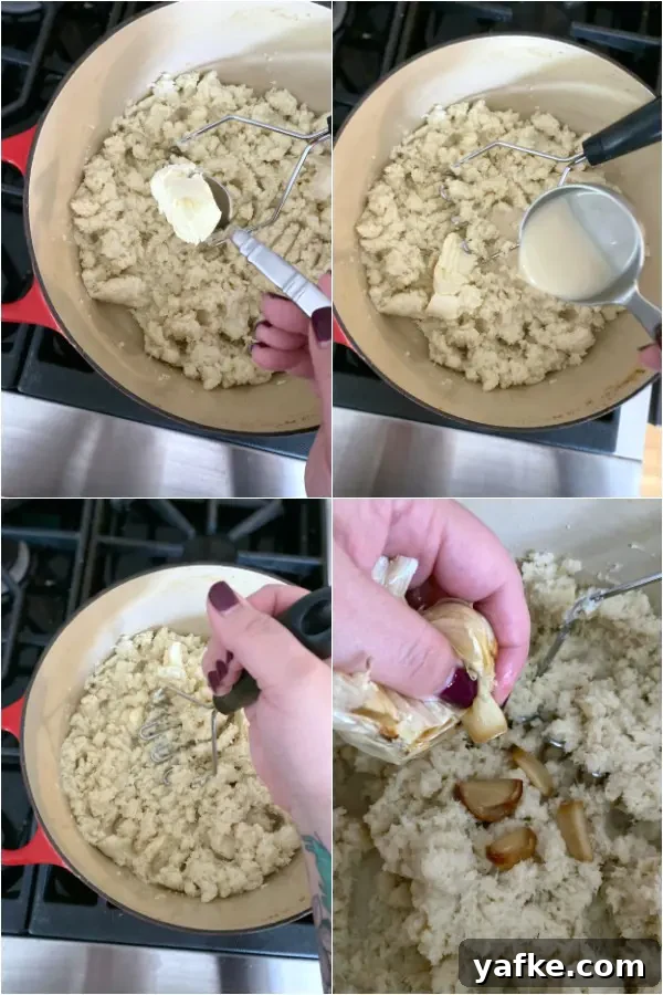 How To Make Mashed Cauliflower @spabettie #lowcarb #vegan #side #glutenfree four photo collage showing How To Make Mashed Cauliflower: after steaming, add butter, milk, roasted garlic and spices, then mash