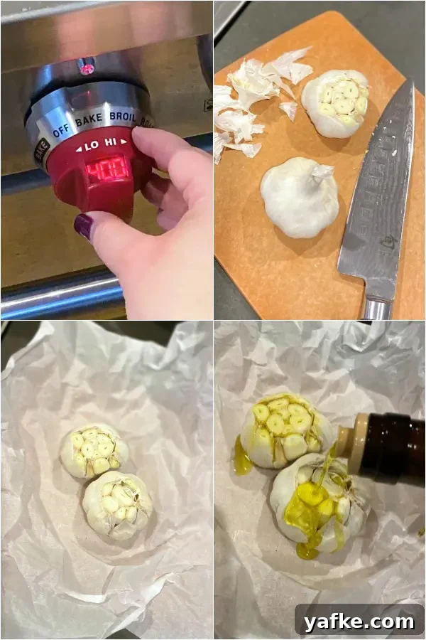 How To Roast Garlic @spabettie #howto #garlic four photo collage showing how to roast garlic: preheat oven, chop off top of garlic, place on foil, drizzle with olive oil