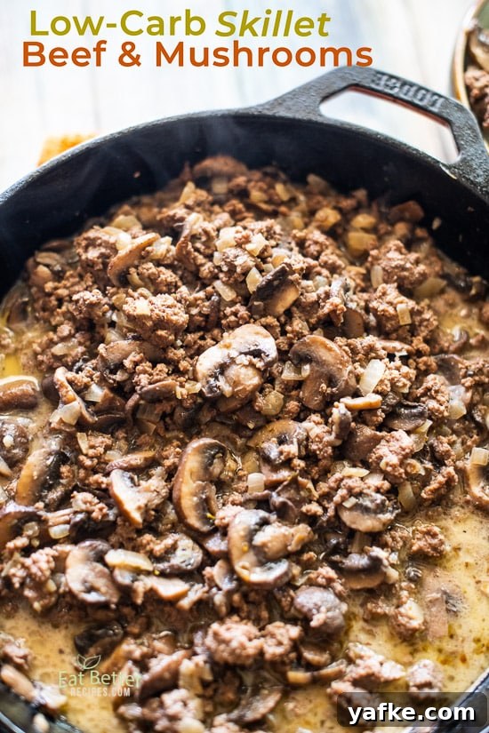Low Carb Skillet Beef Mushrooms In Cream Sauce Keto Recipe @EatBetterRecipes Low Carb Skillet Beef Mushrooms In Cream Sauce in a skillet