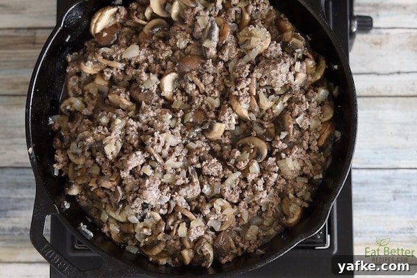Cooking beef and mushrooms