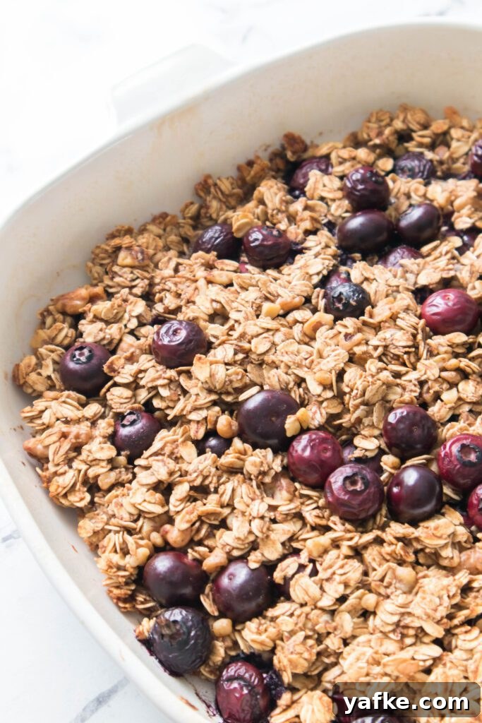 Blueberry Baked Oatmeal Blueberry Baked Oatmeal in a white pan