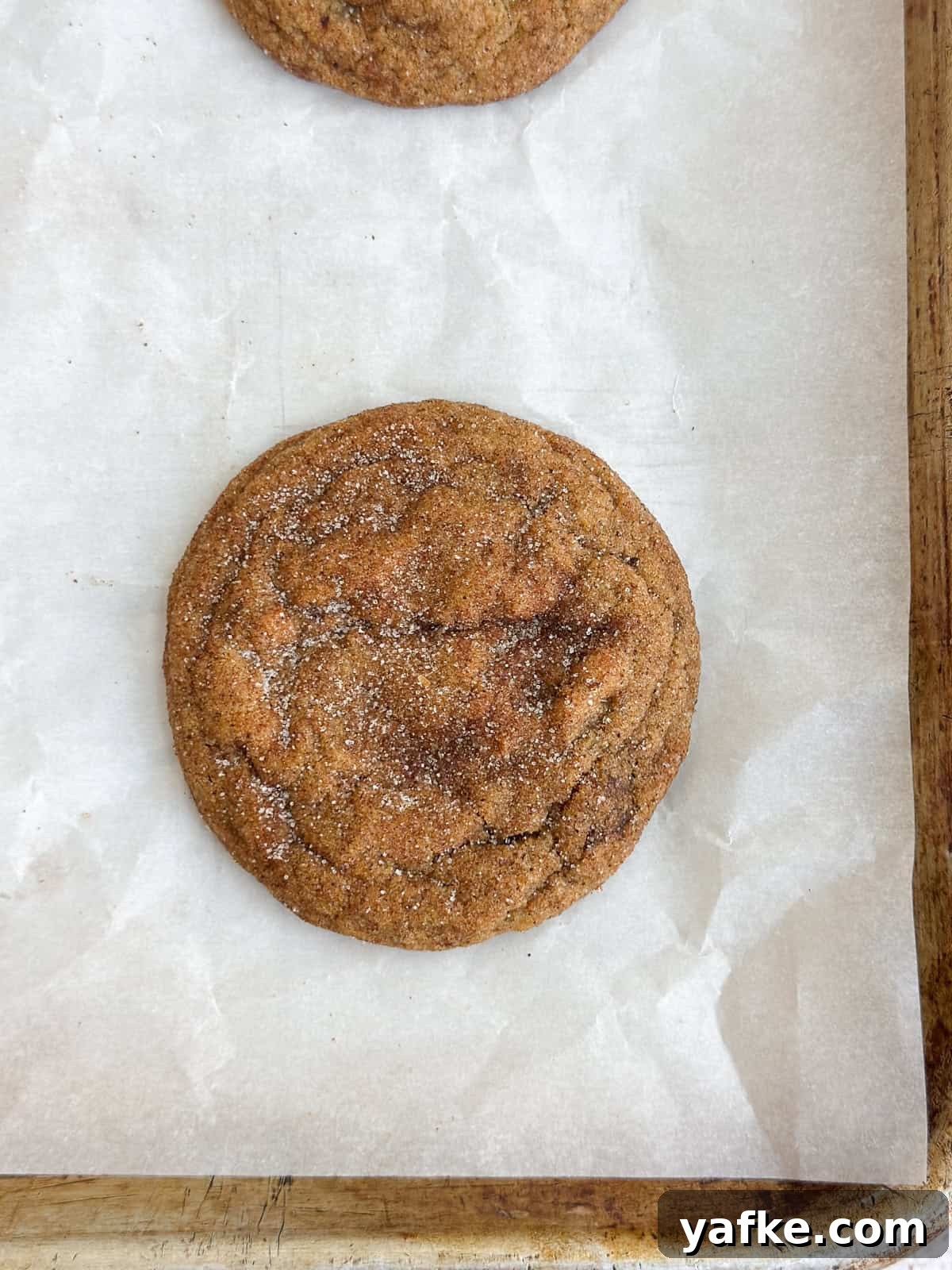 Chewy Brown Butter Pumpkin Snickerdoodles Recipe 10 a close up of a cookie right after being baked.