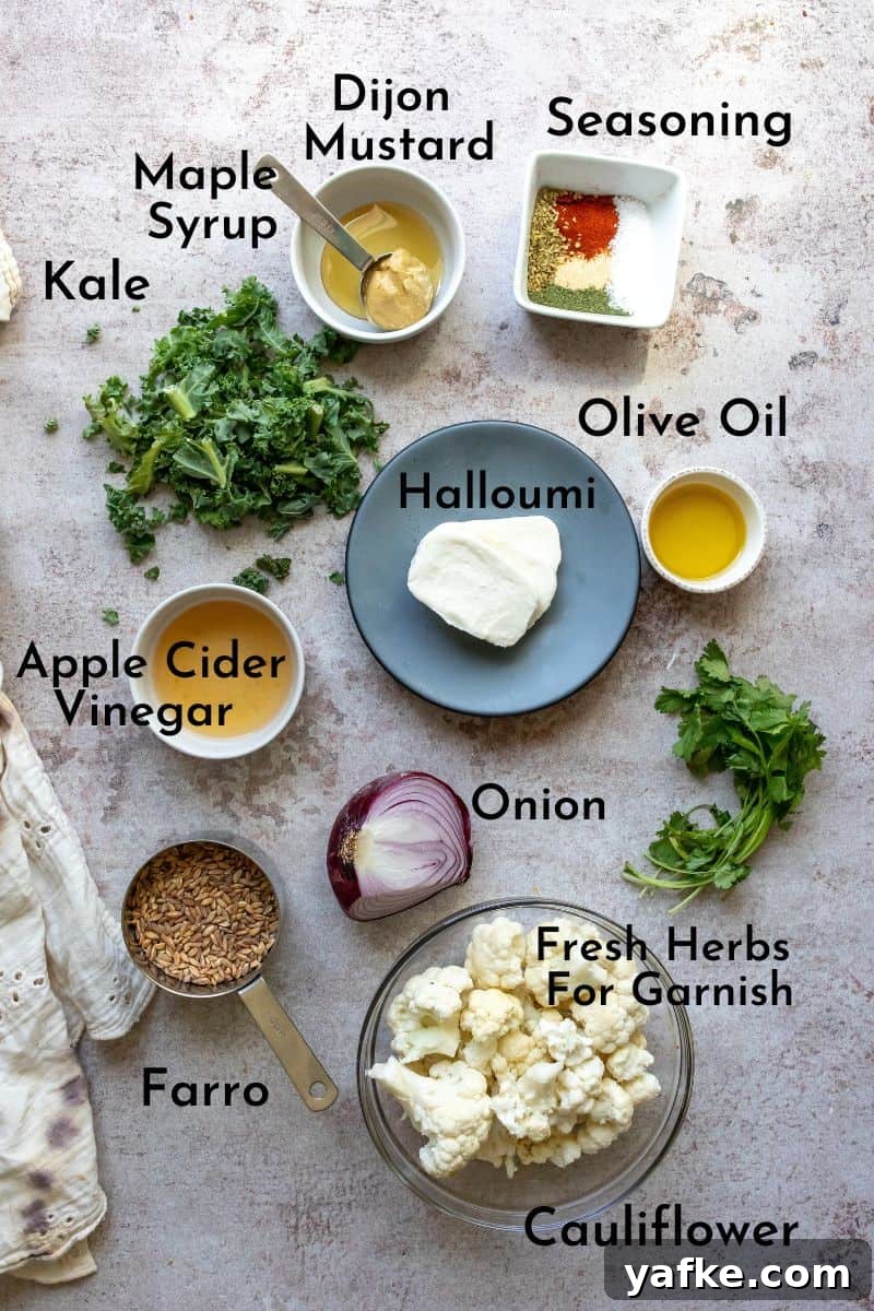 Grilled Halloumi Farro Bowls with Maple Dijon Dressing Recipe 3 Ingredients for farro bowls on a counter in bowls.