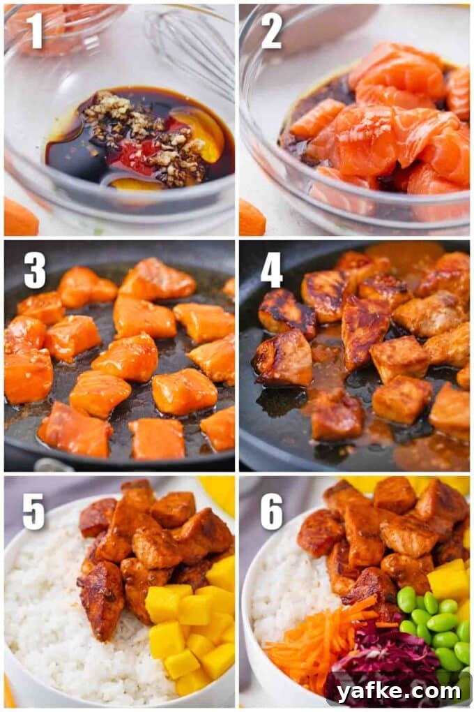 Seared Salmon Poke Bowl Recipe with Soy-Ginger Glaze 2 collage of six photos showing how to make cooked salmon poke bowl