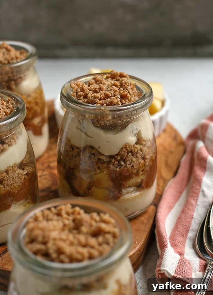 Paleo and Vegan Caramel Apple Parfaits Recipe 2 side view of the layers of paleo vegan caramel apple parfaits