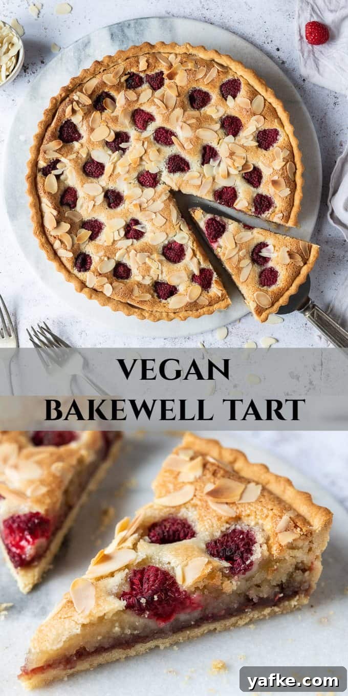 Vegan bakewell tart - a crisp pastry shell filled with raspberry jam, vegan frangipane, fresh raspberries and flaked almonds. Pinterest image