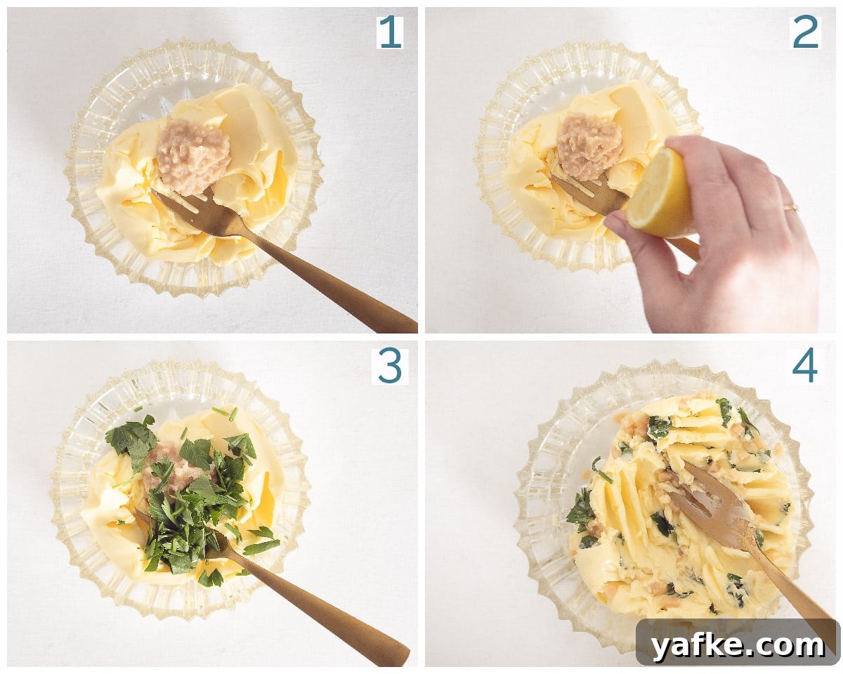 Homemade Garlic Herb Butter Recipe 4 Step-by-step collage showing the preparation of garlic butter