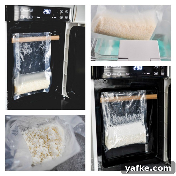 collage of how to make rice sous vide | I Sugar Coat It