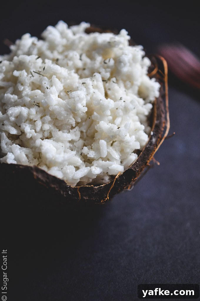 coconut milk rice, cooked sous vide and served in a coconut shell | i sugar coat It