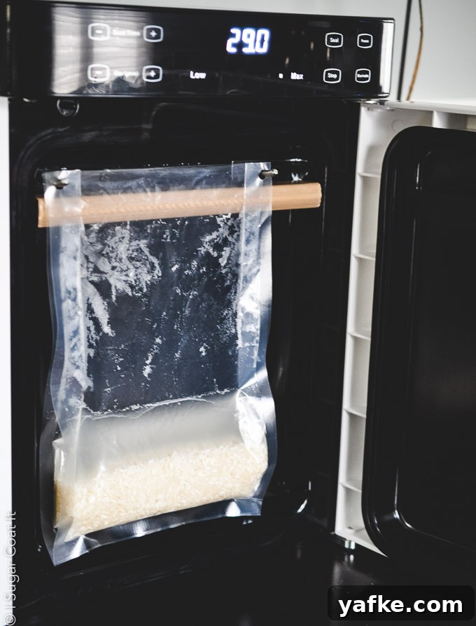 rice and liquids being vacuum sealed