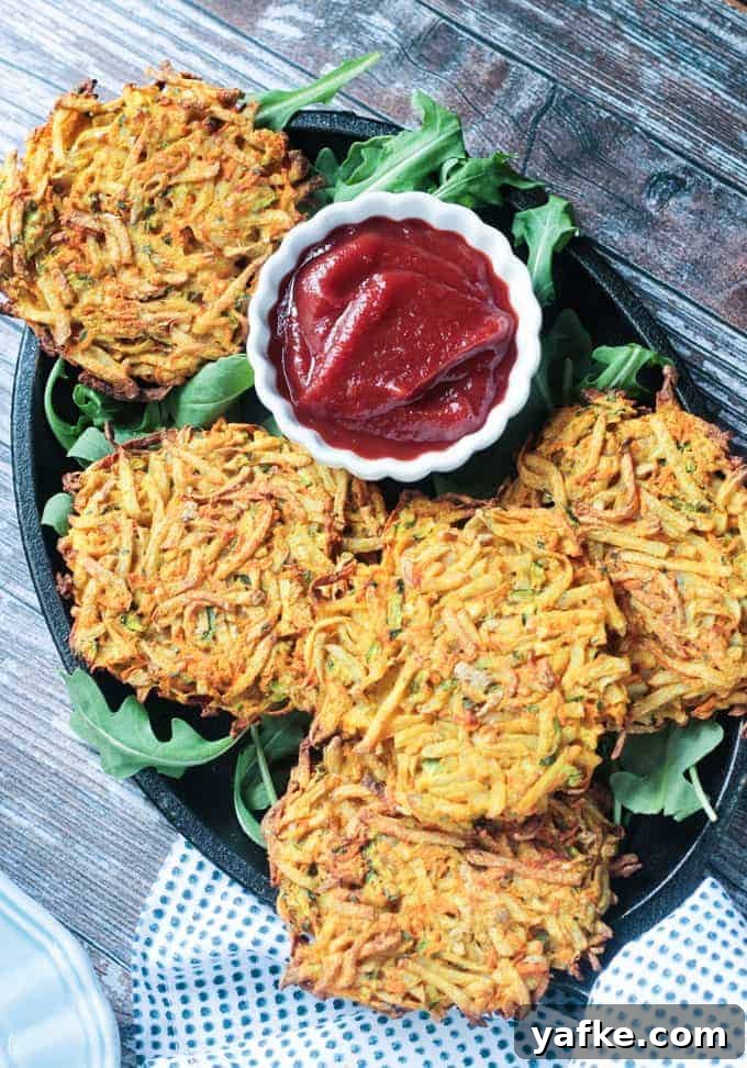 2017's Most Popular Plant-Based Recipes 9 Plate of veggie potato fritters on arugula with a small bowl of spicy ketchup.