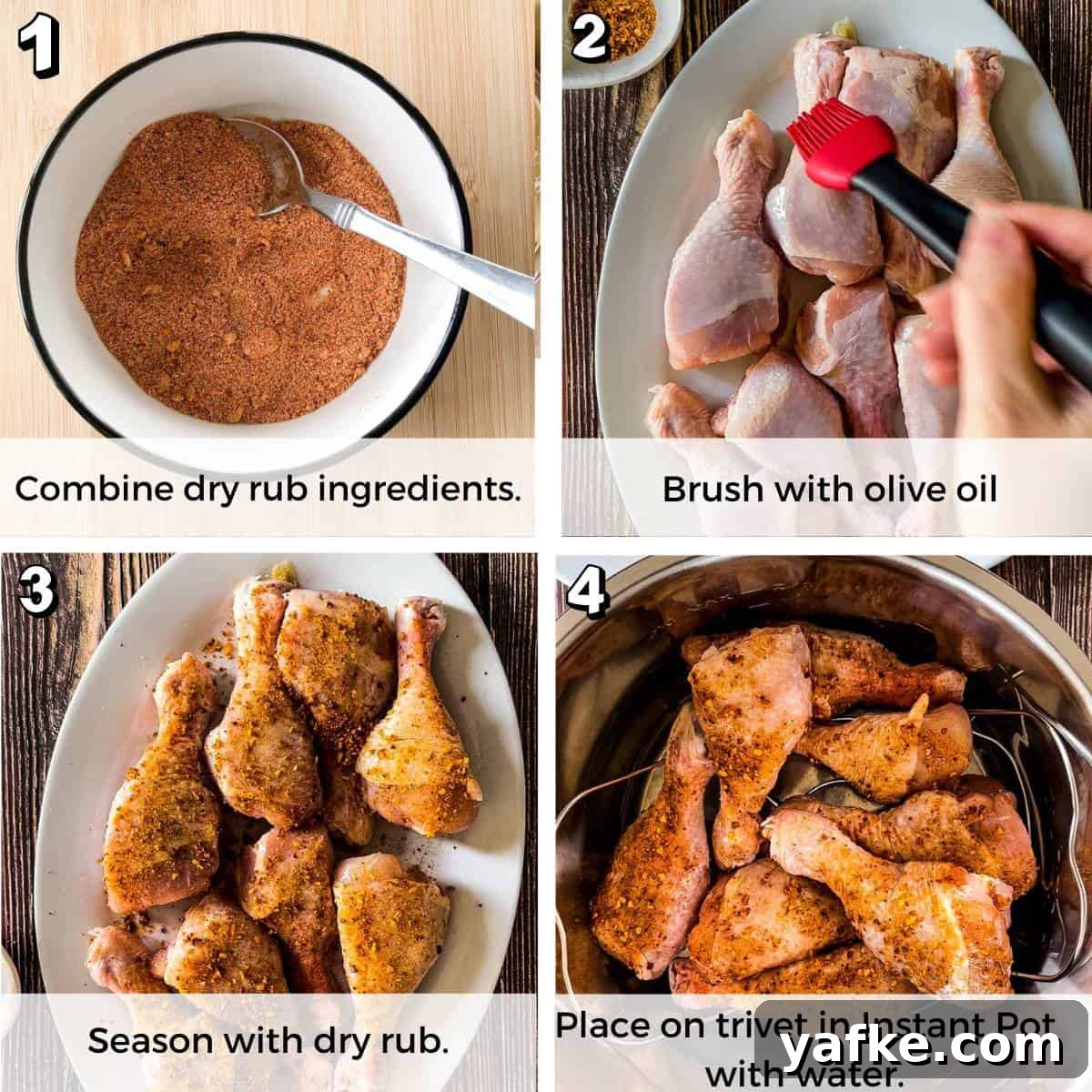 Juicy Instant Pot Chicken Drumsticks 3 A collage of four process shots showing how to apply oil and dry rub to the chicken legs.