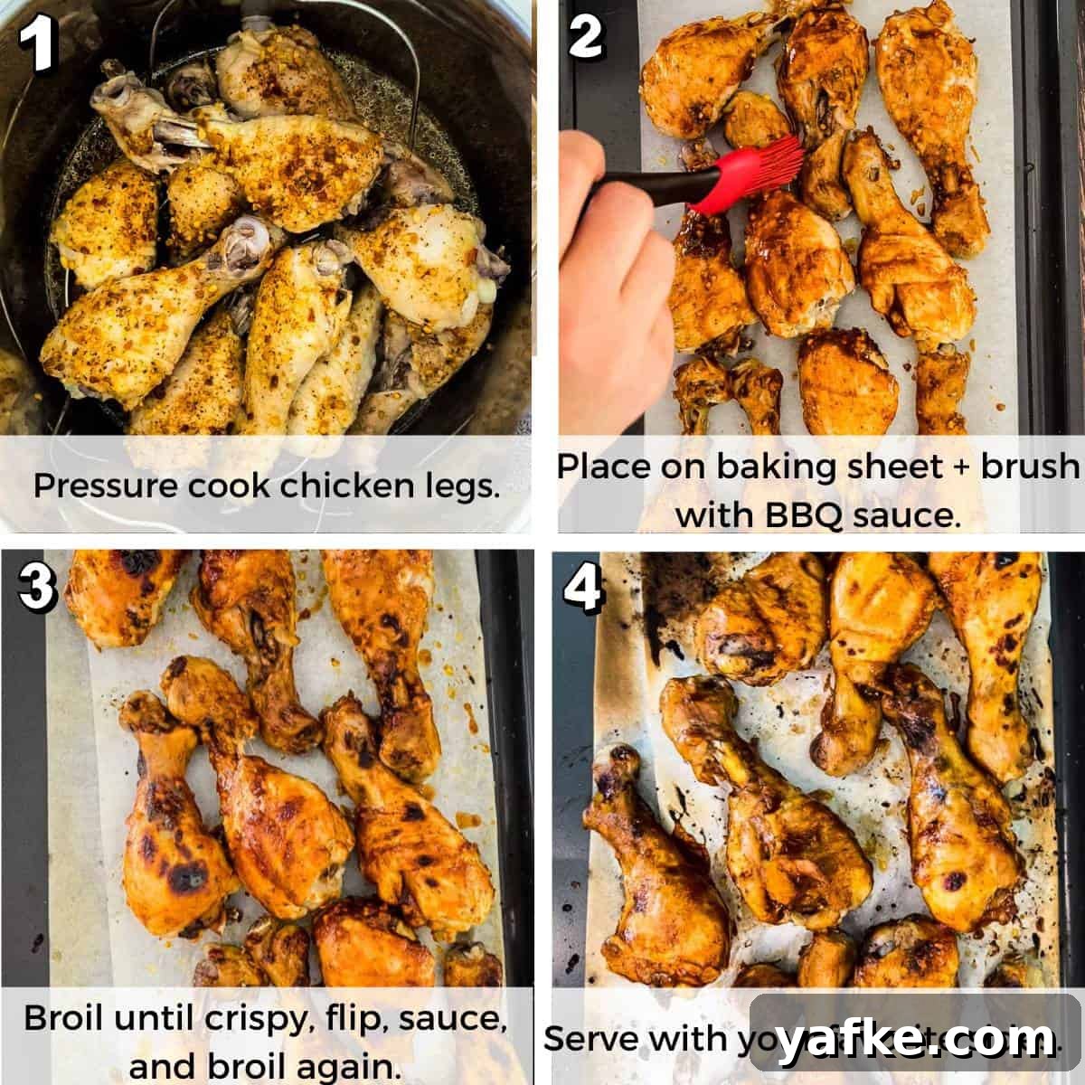 Juicy Instant Pot Chicken Drumsticks 4 A collage of four photos showing how to brush chicken legs with BBQ sauce and broil them until crispy.