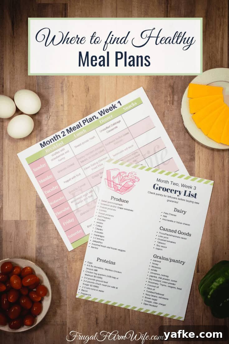 Nourishing Weekly Meal Plans with Shopping Lists 2 Image shows a printable meal plan and grocery list printed and placed on a table. Nearby sits some eggs, cheese, tomato and a pepper. Text above reads "Where to find healthy meal plans"