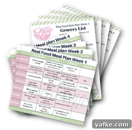 Nourishing Weekly Meal Plans with Shopping Lists 3 Image shows printable meal plans and grocery lists