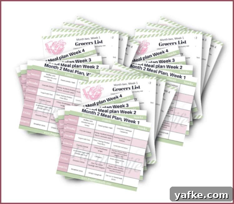 Nourishing Weekly Meal Plans with Shopping Lists 4 Image shows printable meal plans and grocery lists