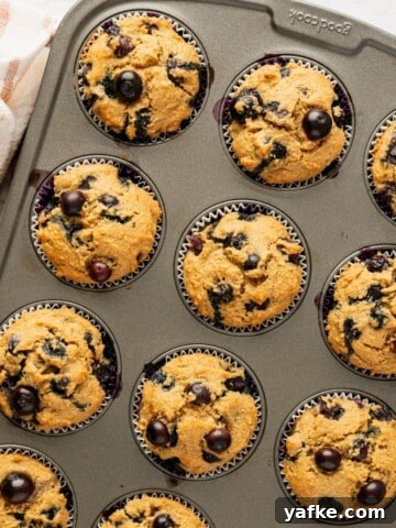 A muffin pan filled with a batch of baked blueberry muffins.