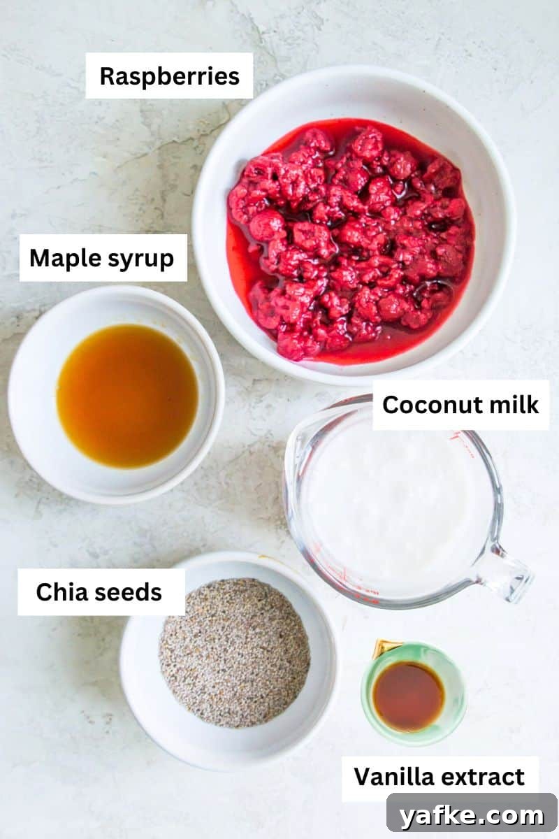 5-Ingredient Raspberry Chia Pudding Recipe 3 Bowls filled with different ingredients including raspberries, maple syrup, coconut milk, chia seeds and vanilla extract.