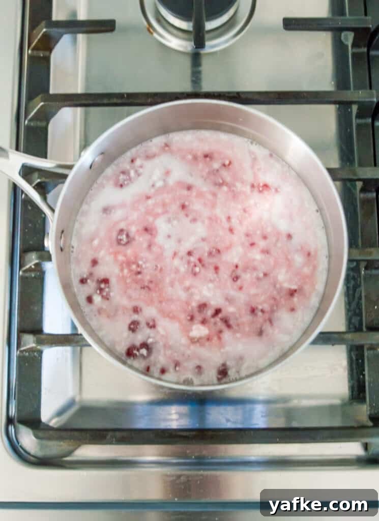 5-Ingredient Raspberry Chia Pudding Recipe 5 A pot on the stovetop with coconut milk and raspberries in it.