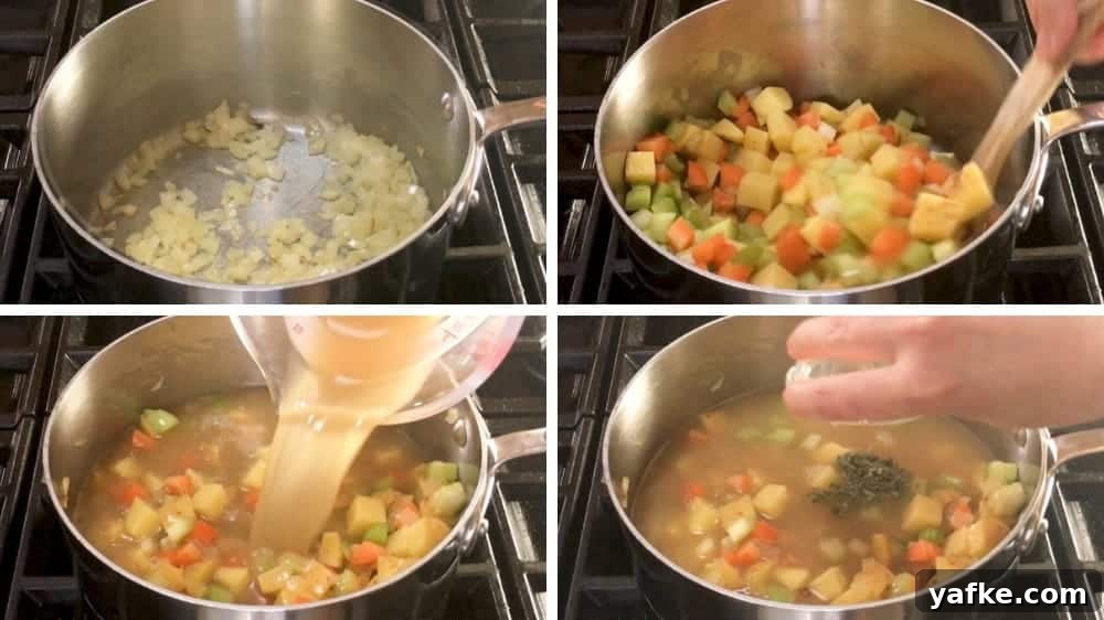 Classic Turkey Pot Pie Recipe with Flaky Golden Crust 3 softening vegetables in butter for Turkey Pot Pie