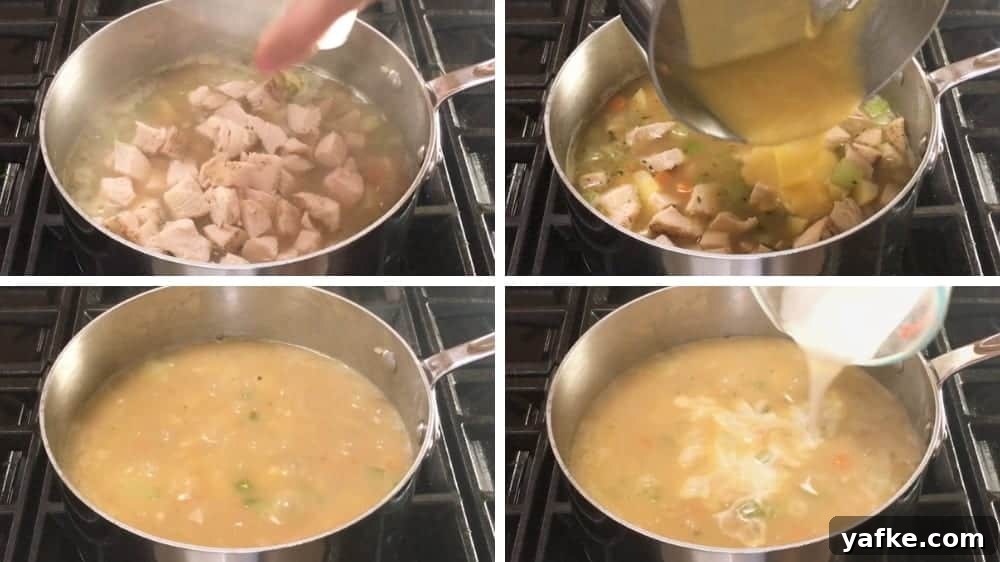 Classic Turkey Pot Pie Recipe with Flaky Golden Crust 5 Adding cooked turkey roux and cream to turkey pot pie