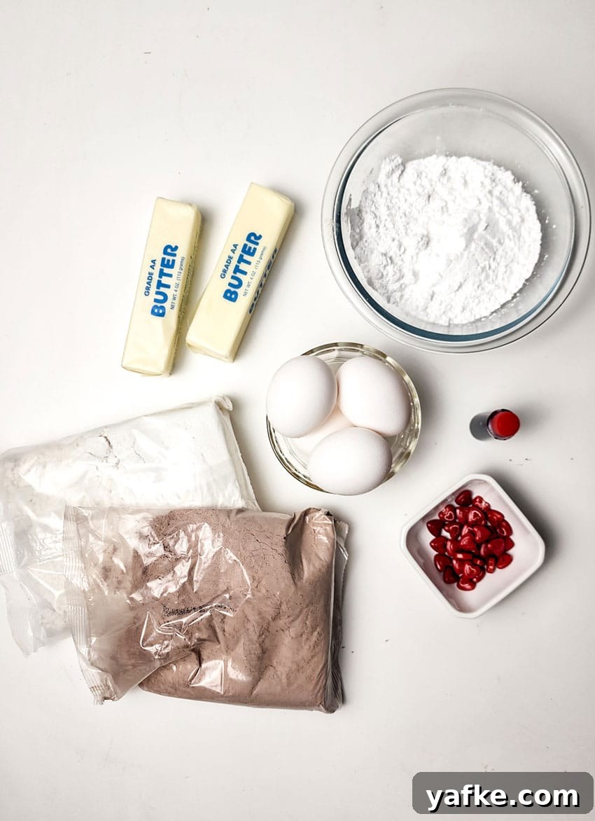 Red Velvet Crinkle Cookies Recipe 3 an overhead image showing the measured ingredients needed to make a batch of red velvet crinkle cookies