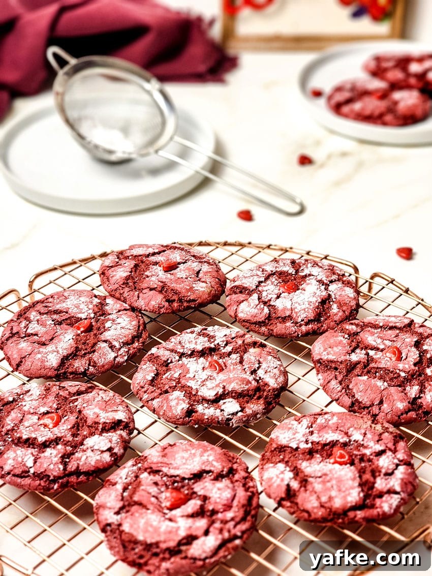 Red Velvet Crinkle Cookies Recipe 5 red velvet crinkle cookies cooling on a wire rack